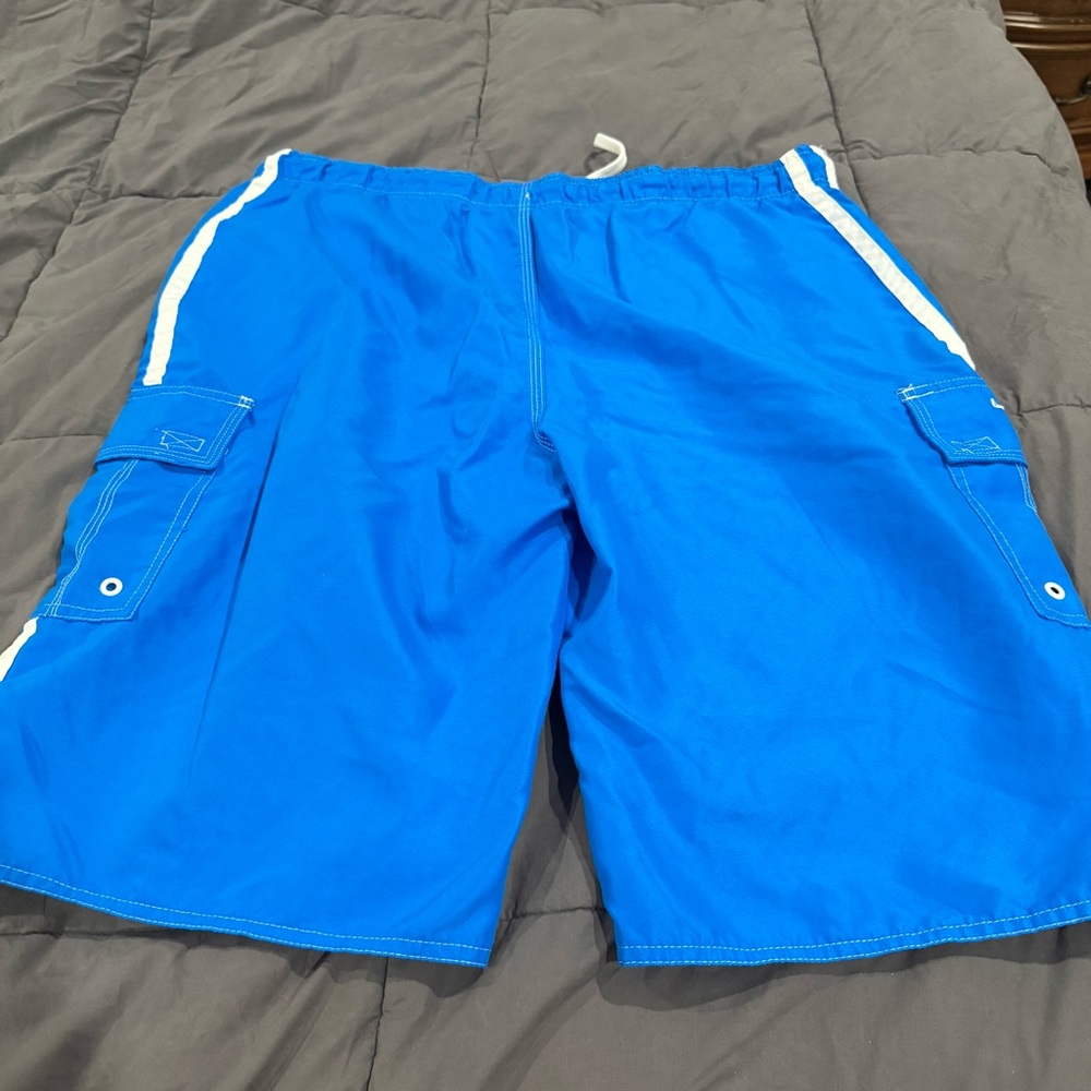 “Laguna” Blue Swim Shorts with White Stripes and pockets